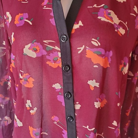 Piper Women's sz 8 Sheer Wine Colored  Floral Print Blouse Black trim - Picture 6 of 8